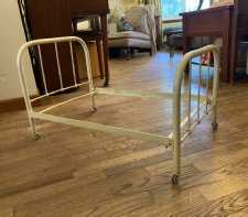 Vintage Metal Baby Doll Bed Cast Iron Frame With Casters Painted White Salesmans Sample 1930s